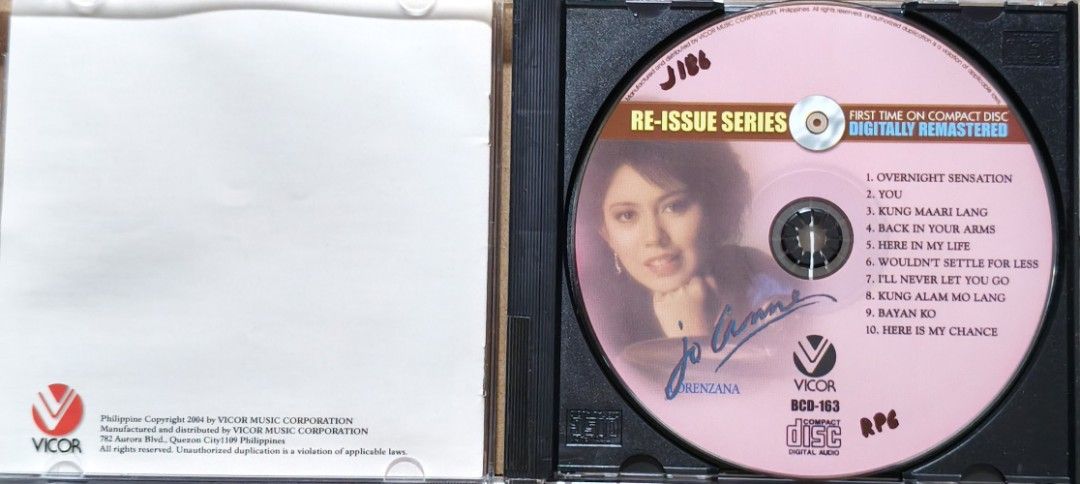 Jo Anne Lorenzana - Re-Issue Series CD (BCD-163) (Category: CDs & DVDs) located in Manila. Submitted by ruelcabrer77078 (Listing ID 1465224117, Image 3). Description: - Artist & Title: Jo Anne Lorenzana Debut CD Album - Label & Year: Vicor Music Corporation, 2004 (Digitally Remastered Reissue) - Tracklist: Includes 10 songs such as 'Overnight Sensation', 'You', 'Kung Maari Lang', and 'Bayan Ko' - Packaging: Standard jewel case with back cover ins