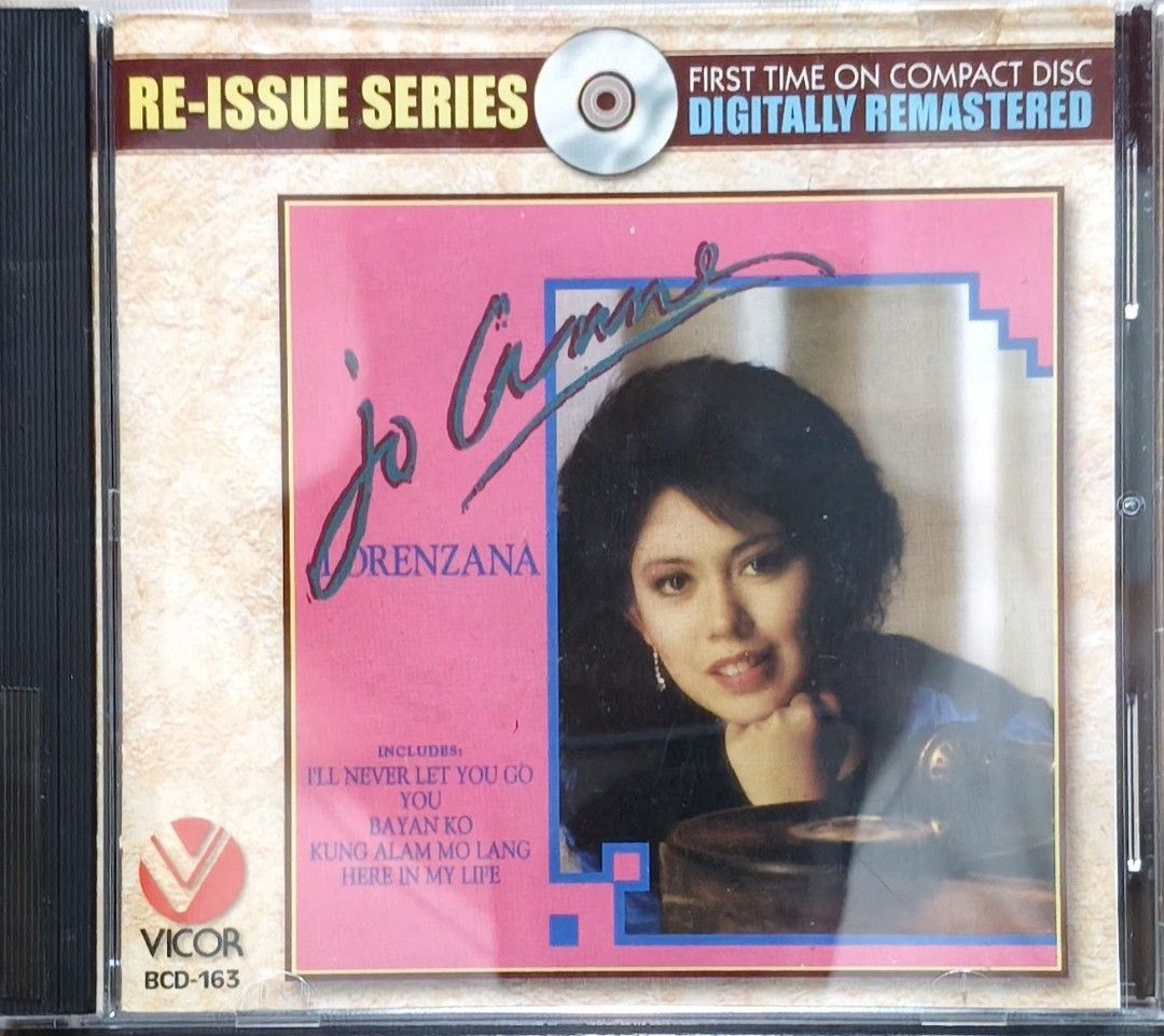 Jo Anne Lorenzana - Re-Issue Series CD (BCD-163) (Category: CDs & DVDs) located in Manila. Submitted by ruelcabrer77078 (Listing ID 1465224117, Image 1). Description: - Artist & Title: Jo Anne Lorenzana Debut CD Album - Label & Year: Vicor Music Corporation, 2004 (Digitally Remastered Reissue) - Tracklist: Includes 10 songs such as 'Overnight Sensation', 'You', 'Kung Maari Lang', and 'Bayan Ko' - Packaging: Standard jewel case with back cover ins