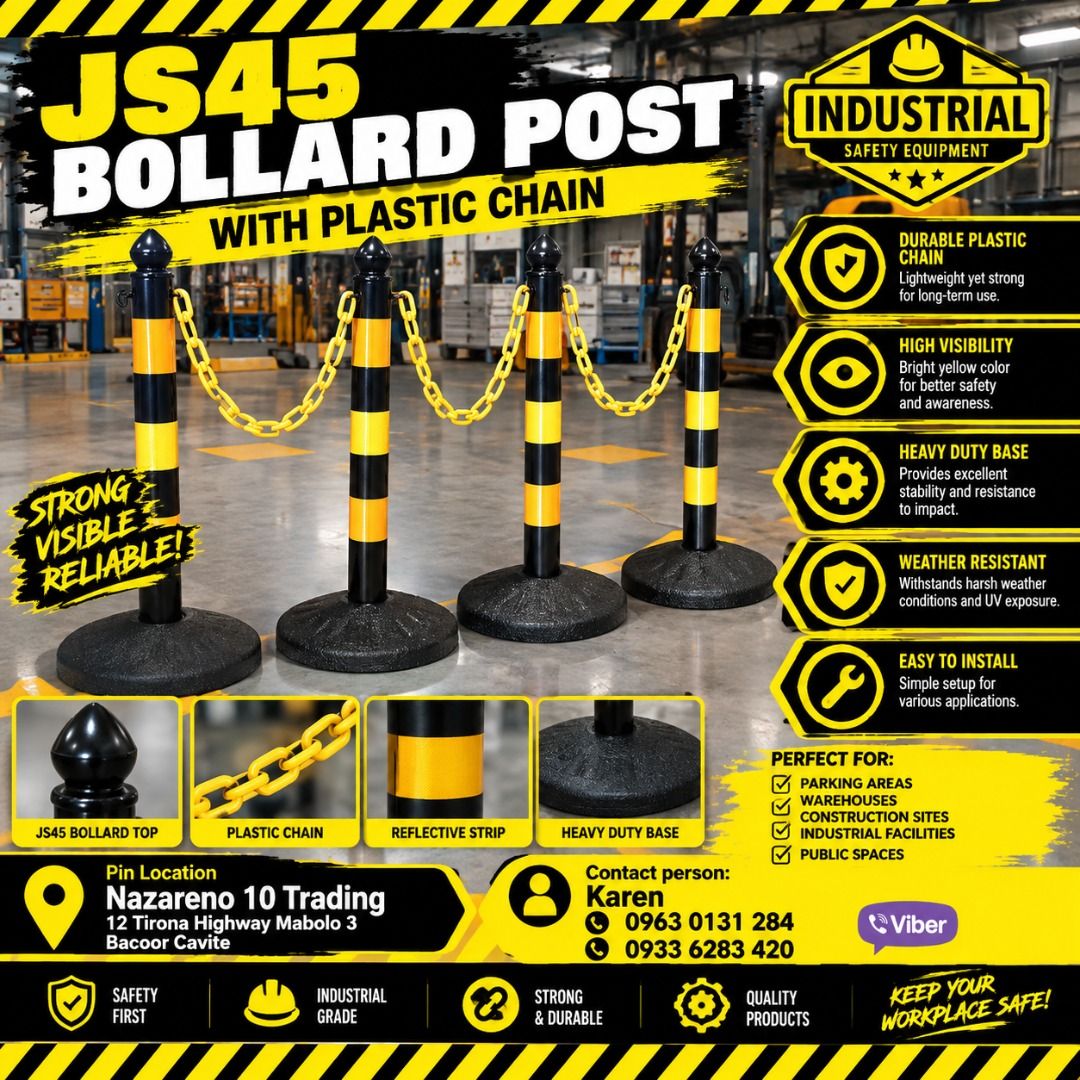JS 45 Bollard Post With Plastic Chain (Category: Looking For) located in Bacoor. Submitted by kajezame.2021 (Listing ID 1465229717, Image 1). Description: JS 45 Bollard Post With Plastic Chain For More Details and Discount Contact Ms. Karen NAZARENO 10 TRADING 0963 0131 284 0933 6283 420 0956 7028 557 0933 8559 510 Landline: Look for Ms. Karen (046 ) 416 3920 Also available: • Traffic cone • Parking Block stopper • Hooded trash bin • Road Plastic