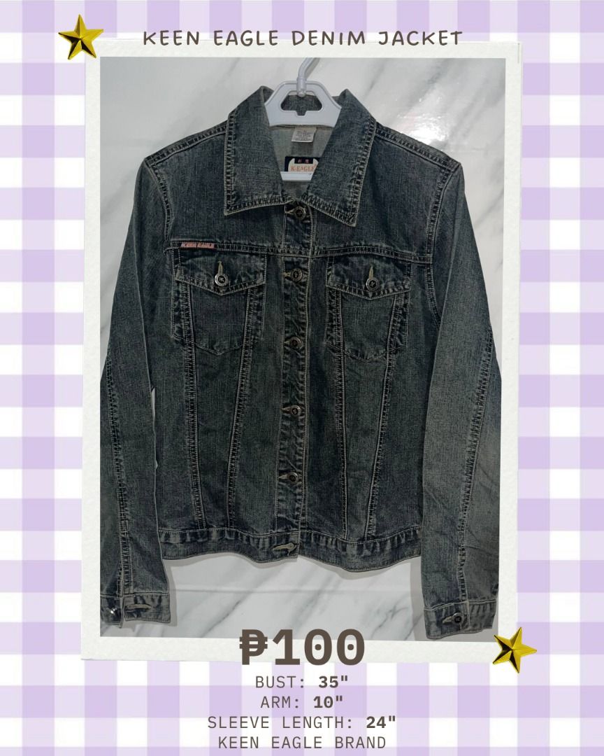 Keen Eagle Denim Jacket XS-S PLEASE READ 3RD PHOTO (Category: Coats, Jackets and Outerwear) located in Quezon City. Submitted by memoriies (Listing ID 1465275560, Image 1). Description: - Brand: Keen Eagle - Style: Classic dark wash denim jacket with button-up front, collar, and chest pockets - Size: Fits XS to S - Measurements: Bust 35 inches, Arm 10 inches, Sleeve Length 24 inches - Condition: Great staple piece for effortless casual outfits.