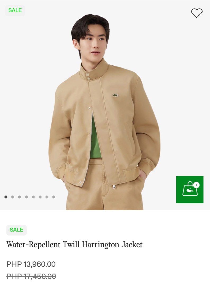 Lacoste Jacket (Category: Coats, Jackets and Outerwear) located in Quezon City. Submitted by desireereyesm (Listing ID 1465187369, Image 1). Description: - Brand: Lacoste - Style: Water-repellent twill Harrington jacket - Color: Classic beige - Size: 46 (fits chest 91-93cm) (small in Men’s, medium to large in Women’s) - Features: Zip-up front, high collar with snap buttons, and ribbed cuffs and hem - Detail: Iconic embroidered green crocodile log