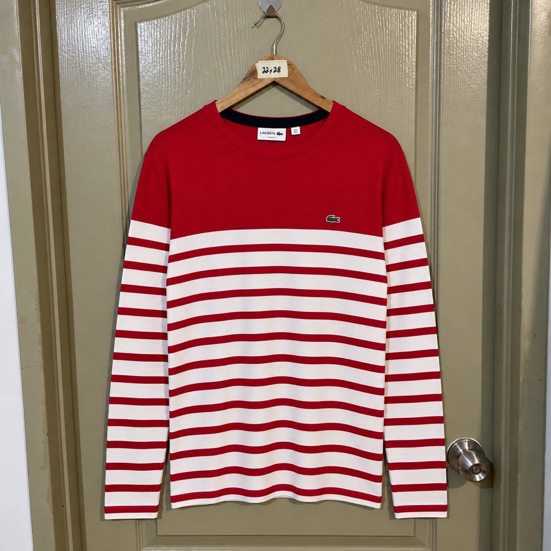 Lacoste stripes sweater (Category: Luxury Apparel) located in Makati City. Submitted by gustavoo28 (Listing ID 1465253098, Image 1). Description: Authentic/Legit No issues 10/10 Color rate Excellent condition Korean released 22W 28L in inches (size 5 slimfit) 100% cotton.
