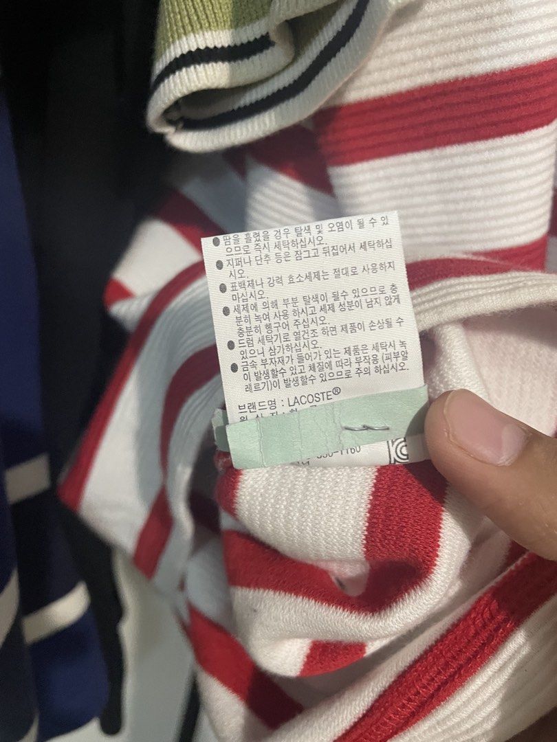 Lacoste stripes sweater (Category: Luxury Apparel) located in Makati City. Submitted by gustavoo28 (Listing ID 1465253098, Image 3). Description: Authentic/Legit No issues 10/10 Color rate Excellent condition Korean released 22W 28L in inches (size 5 slimfit) 100% cotton.