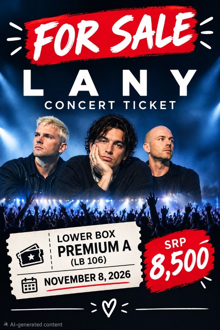 LANY Soft Concert Ticket Lower Box A (Category: Events Tickets) located in Quezon City. Submitted by destashingme (Listing ID 1465199154, Image 1). Description: - Event: LANY Live in Concert - Date: November 8, 2026 - Section: Lower Box Premium A (LB 106) - SRP: ₱8,500 - Condition: Meet Up with QC preferred selling for 7500 only. RFS : company bailed out... WHERE ARE YOU SEATED? follow the star on the picture provided. its a very nice place to be