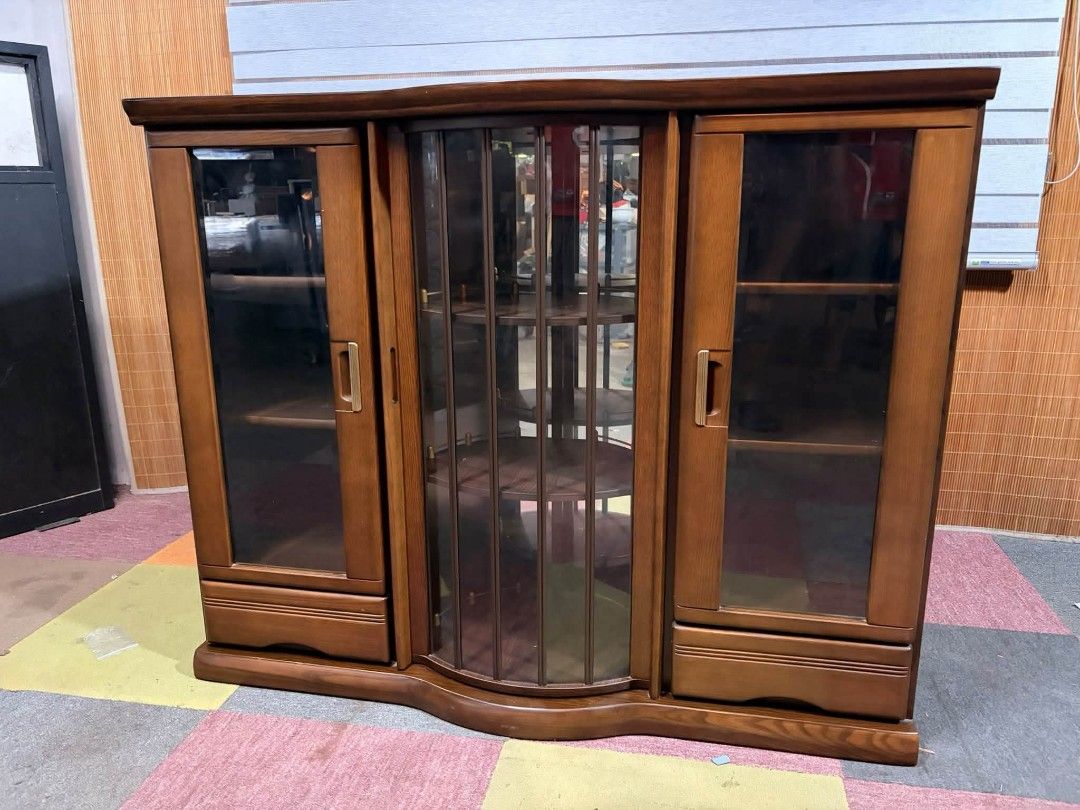 Lateral Display Cabinet (Category: Shelves, Cabinets & Racks) located in Meycauayan. Submitted by marygracecasimiro (Listing ID 1465269163, Image 1). Description: 😍RARE!!! ANGGANDA!!! SOLID WOOD!!! Elegant "Carousel" Lateral Glass Display Cabinet Concave Carousel-Style Revolving Round Shelves SOLID WOOD!!! Diamond Edge Glass Doors Multi-Section Storage, Adjustable Shelves with Small Drawers *SEE VIDEO COMMENT Price : 17k ✅ 47L x 18W x 38H inches