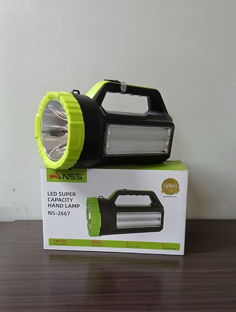 LED Rechargeable Searchlight Flashlight NS-2667 (Category: Lighting) located in Manila. Submitted by townlites (Listing ID 1465226216, Image 1). Description: Model: NS-2667 Rated Input Voltage: 110V-240 Rated Input Frequency: 50/60Hz Rated Input Current: 0.12A Rated Output Power: 5W/ 3W Charging time:10 hours Battery capacity: 2000mAh Strong light mode: 2 hours Weak light mode: 4 hours Heavy duty Brand new Quality product.
