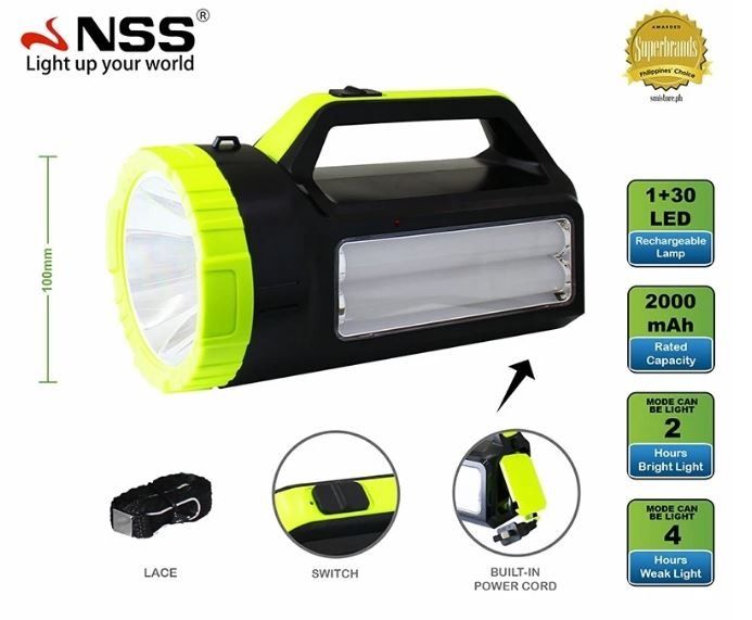 LED Rechargeable Searchlight Flashlight NS-2667 (Category: Lighting) located in Manila. Submitted by townlites (Listing ID 1465226216, Image 2). Description: Model: NS-2667 Rated Input Voltage: 110V-240 Rated Input Frequency: 50/60Hz Rated Input Current: 0.12A Rated Output Power: 5W/ 3W Charging time:10 hours Battery capacity: 2000mAh Strong light mode: 2 hours Weak light mode: 4 hours Heavy duty Brand new Quality product.