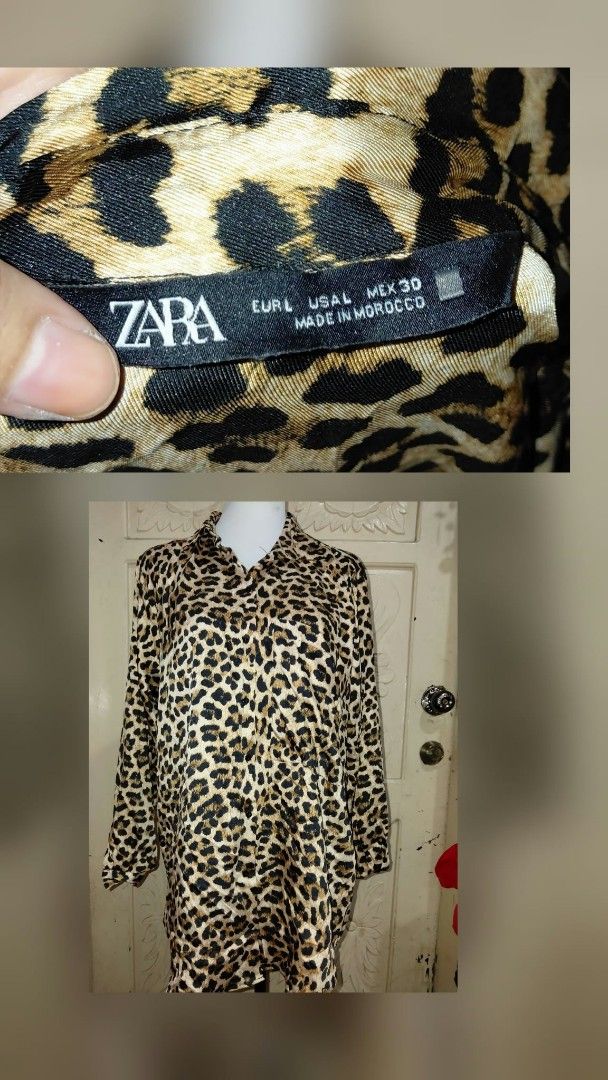 Long sleeve (Category: Longsleeves) located in Manila. Submitted by rubymielbona (Listing ID 1465287829, Image 1). Description: - Brand: ZARA - Item: Leopard print long sleeve button-down top - Size: EUR L / USA L / MEX 30 - Origin: Made in Morocco - Condition: Excellent pre-loved condition - Material: Smooth, comfortable fabric with a classic collared design.