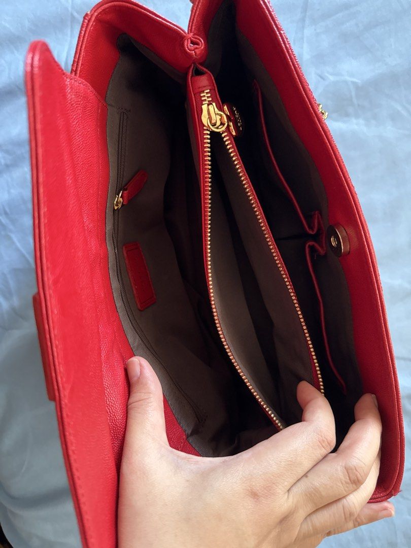 Lovcat Paris Red Quilted Leather Handbag (Category: Luxury Bags & Wallets) located in Caloocan City. Submitted by mysticmauee (Listing ID 1465191784, Image 3). Description: - Brand: Lovcat Paris - Material: Red quilted leather with gold hardware - Straps: Gold chain interwoven with red leather - Has sling slots on the sides but does not come with any shoulder sling strap - Closure: Secure magnetic snap - Interior: Brown fabric lining with multipl