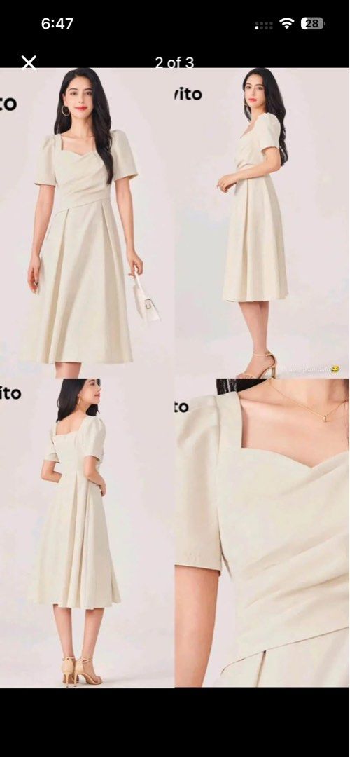 Lovito Beige Midi Dress Size Medium (Category: Dresses) located in Antipolo. Submitted by minowmi (Listing ID 1465281908, Image 2). Description: - Brand: Lovito - Size: Medium - Color: Beige - Style: Square neckline, short puff sleeves, wrap bodice, and pleated midi skirt - Closure: Back zipper - Occasion: Versatile for casual outings or semi-formal events Negotiable Price!! RFS: too big for my size sinukat lang no issue.