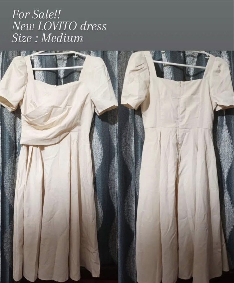 Lovito Beige Midi Dress Size Medium (Category: Dresses) located in Antipolo. Submitted by minowmi (Listing ID 1465281908, Image 1). Description: - Brand: Lovito - Size: Medium - Color: Beige - Style: Square neckline, short puff sleeves, wrap bodice, and pleated midi skirt - Closure: Back zipper - Occasion: Versatile for casual outings or semi-formal events Negotiable Price!! RFS: too big for my size sinukat lang no issue.