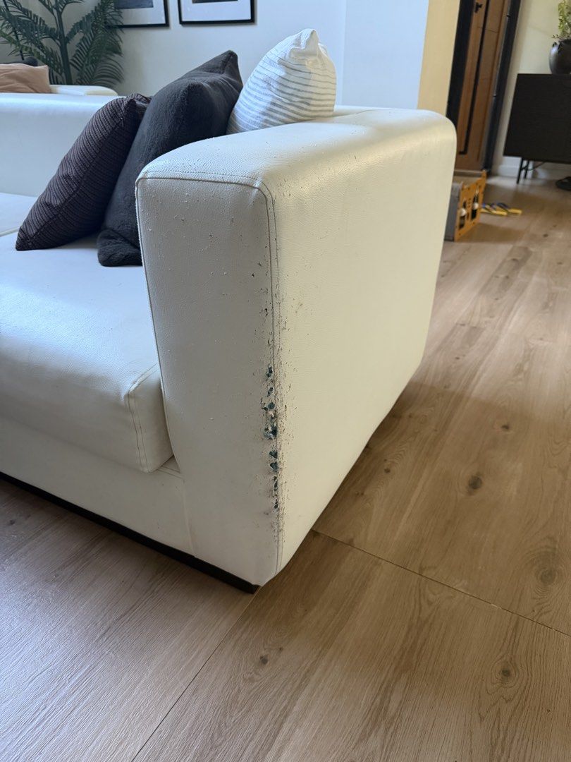 L-Shape Sofa Couch (Big Size) (Category: Sofas) located in Antipolo. Submitted by caialexis (Listing ID 1465192095, Image 3). Description: Huge L-Shape Sofa/Couch for big living room. 5-seater, leather. Dimensions: - 270cm X 150cm - 45cm seat height - 65cm arm height - 75cm total height Materials: - Mahogany wood framing - Uratex foam soft - leather upholstery beige - backrest pillow cotton Issue: - scratches on the side (as shown in the photo) .