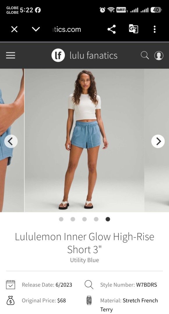 Lululemon Inner Glow High-Rise Short 3" Utility Blue (Category: Shorts) located in Santa Rosa. Submitted by RRRR0520 (Listing ID 1465380265, Image 1). Description: - Brand: Lululemon - Style: Inner Glow High-Rise Shorts (3" Inseam) - Color: Utility Blue - Material: Soft and stretchy French terry for ultimate comfort - Features: Adjustable drawstring waist with branded metal aglets & signature logo on back hip - Condition: Excellent / Great for ca