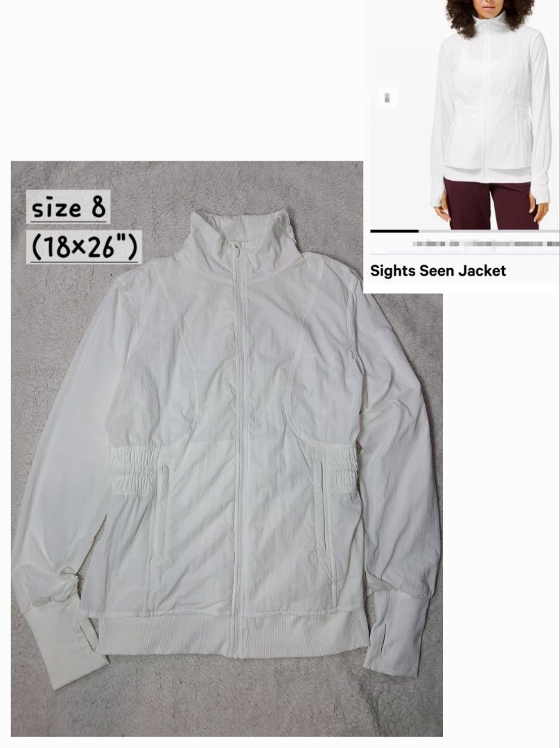 Lululemon sight seen jacket (Category: Coats, Jackets and Outerwear) located in Baguio. Submitted by mishmashfritz (Listing ID 1465170935, Image 1). Description: like new, thrifted, no flaws, dot size 8, fit m to l, white.