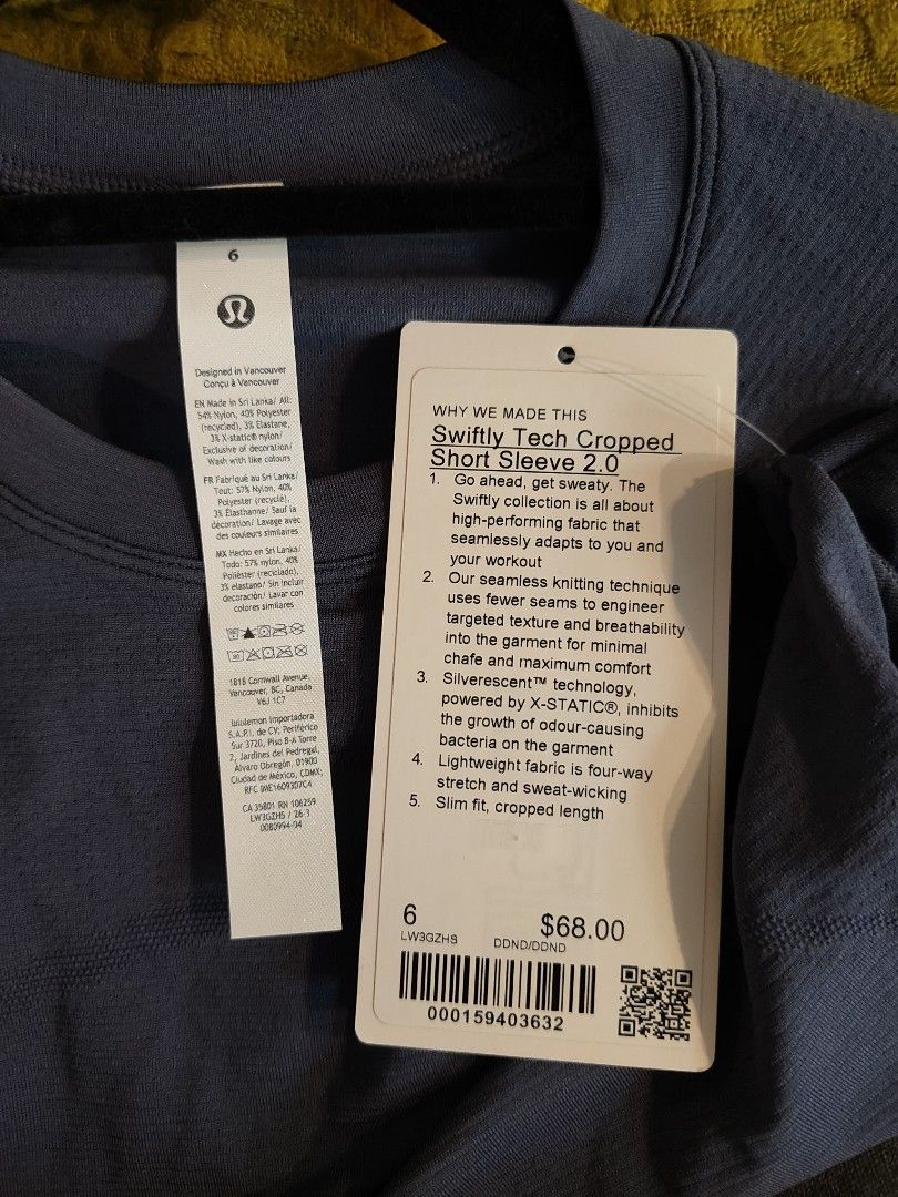 Lululemon Swiftly Tech Cropped Short Sleeve 2.0 Size 6 (Category: Activewear) located in Muntinlupa City. Submitted by cezzy82 (Listing ID 1465228085, Image 3). Description: NEW color Lululemon Swiftly Tech Cropped Short Sleeve 2.0. Blue color, size 6. Brand new with tags attached, retail price $68.00. Seamless knitting technique for targeted texture, lightweight fabric with four-way stretch. Silverescent technology inhibits odour-causing bacteri