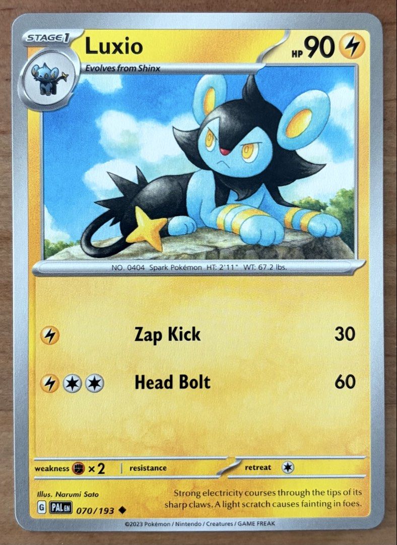 Luxio | Pokemon Cards ~ Paldea Evolved (Category: Raw Singles) located in Makati City. Submitted by cardlab (Listing ID 1465185400, Image 1). Description: Items are 💯 authentic/original/legit. About The Card: •Language: EN • Number: 070/193 • Uncommon • Normal FOR: • Cards ₱99 and below with Card Sleeves • Cards ₱100 and up with Card Sleeves and Used Toploader • ₱10 for Bnew Tops Packaging (If Shipping): ✔️ Plastic cover ✔️ Cardboard ✔️ Bubble w