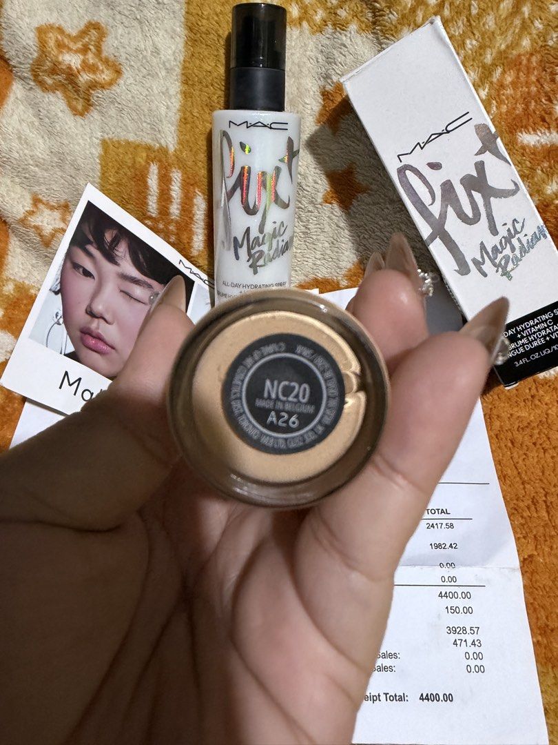 MAC Studio Fix Fluid Foundation and Fix+ Magic Radiance (Category: Makeup) located in Muntinlupa City. Submitted by rdrstt (Listing ID 1465220797, Image 3). Description: - MAC Studio Fix Fluid Foundation (Shade: NC20, Size: 30ml) - MAC Fix+ Magic Radiance Hydrating Spray with Vitamin C (half full) for free - Proof of purchase/receipt included in photos showing date and prices RFS- NOT MY SHADE.