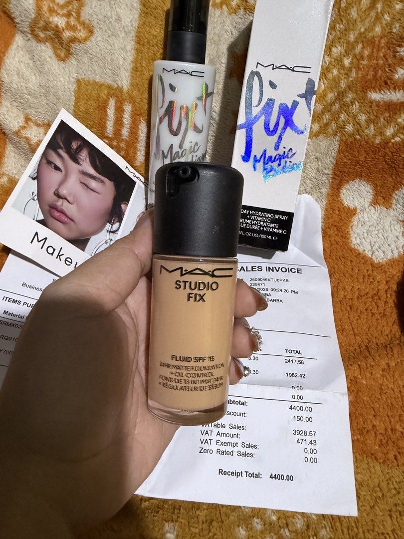 MAC Studio Fix Fluid Foundation and Fix+ Magic Radiance (Category: Makeup) located in Muntinlupa City. Submitted by rdrstt (Listing ID 1465220797, Image 1). Description: - MAC Studio Fix Fluid Foundation (Shade: NC20, Size: 30ml) - MAC Fix+ Magic Radiance Hydrating Spray with Vitamin C (half full) for free - Proof of purchase/receipt included in photos showing date and prices RFS- NOT MY SHADE.