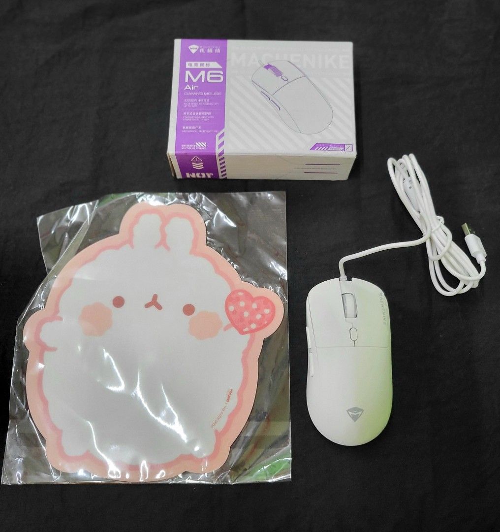Machenike M6 Air Gaming Mouse with FREE Mousepad Bundle (Category: Mouse & Mousepads) located in Manila. Submitted by marson_lagman (Listing ID 1465180713, Image 2). Description: Machenike M6 Air Gaming Mouse with FREE Mousepad Bundle Machenike M6 Air white wired gaming mouse. Up to 3200 DPI with four adjustable speeds, mechanical microswitches, and a comfortable symmetrical design. Includes original box and a sealed Molang x The Face Shop cute p