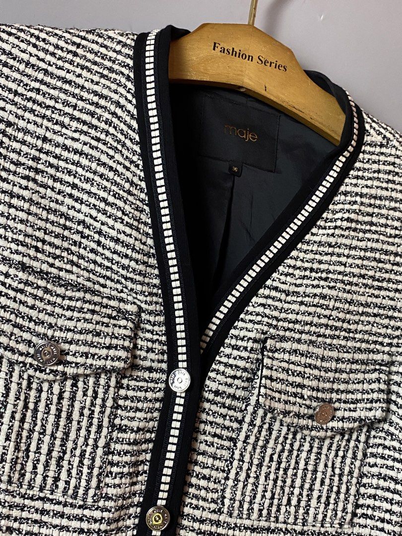 Maje Tweed Blazer (Category: Coats, Jackets and Outerwear) located in Quezon City. Submitted by loloyz123 (Listing ID 1465319183, Image 2). Description: Maje Tweed Blazer Condition: Very good Color rate: 10/10 Color: Black/white Size: 36 L: 24 W: 27 inches.