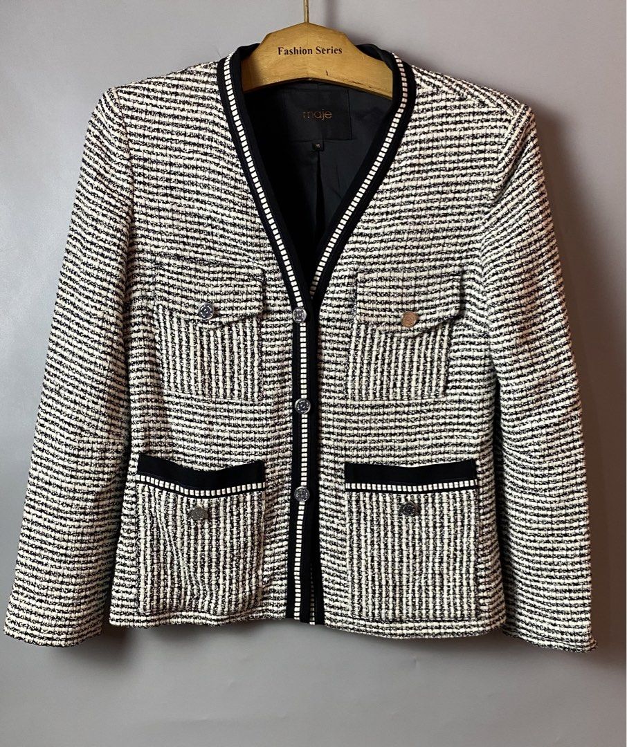 Maje Tweed Blazer (Category: Coats, Jackets and Outerwear) located in Quezon City. Submitted by loloyz123 (Listing ID 1465319183, Image 1). Description: Maje Tweed Blazer Condition: Very good Color rate: 10/10 Color: Black/white Size: 36 L: 24 W: 27 inches.