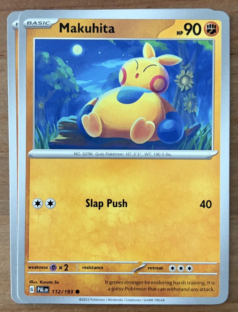 Makuhita | Pokemon Cards ~ Paldea Evolved (Category: Raw Singles) located in Makati City. Submitted by cardlab (Listing ID 1465199376, Image 1). Description: Items are 💯 authentic/original/legit. About The Card: •Language: EN • Number: 112/193 • Common • Normal FOR: • Cards ₱99 and below with Card Sleeves • Cards ₱100 and up with Card Sleeves and Used Toploader • ₱10 for Bnew Tops Packaging (If Shipping): ✔️ Plastic cover ✔️ Cardboard ✔️ Bubble 