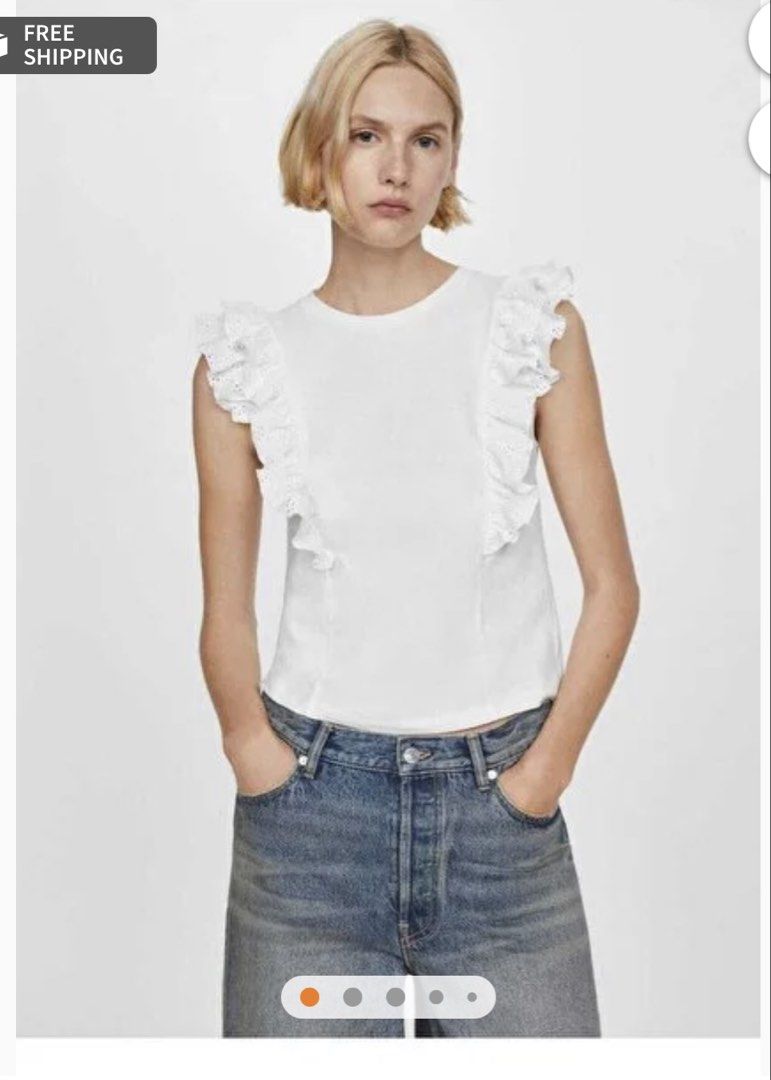 Mango White ruffled sleeves Top (Category: Blouses) located in Quezon City. Submitted by mine4now (Listing ID 1465259031, Image 1). Description: What: Mango white ruffled sleeves Top Origin: Mango Philippines Size: Small Condition: Used once then kept.Hardly noticeable and washable Stain at the back is probably due to storage. RFS: DECLUTTERING Shipping fee: PAID by the buyer No: COD Courier: lbc, grab or lalamove J&T — if not busy MOP: Gcash, ma