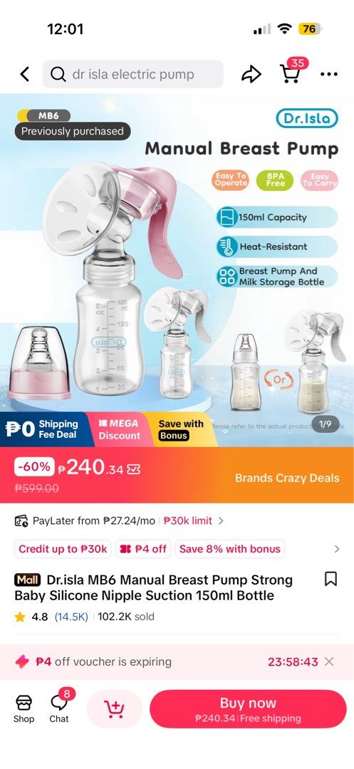 Manual Breast Pump (Category: Breastfeeding & Bottle Feeding) located in Paranaque City. Submitted by biankatq (Listing ID 1465236614, Image 3). Description: Dr. Isla Manual Breast Pump Used once. Properly cleaned and sterilized after. Bought in TT. Screenshot provided for price reference Shipping c/o buyer via lalamove .