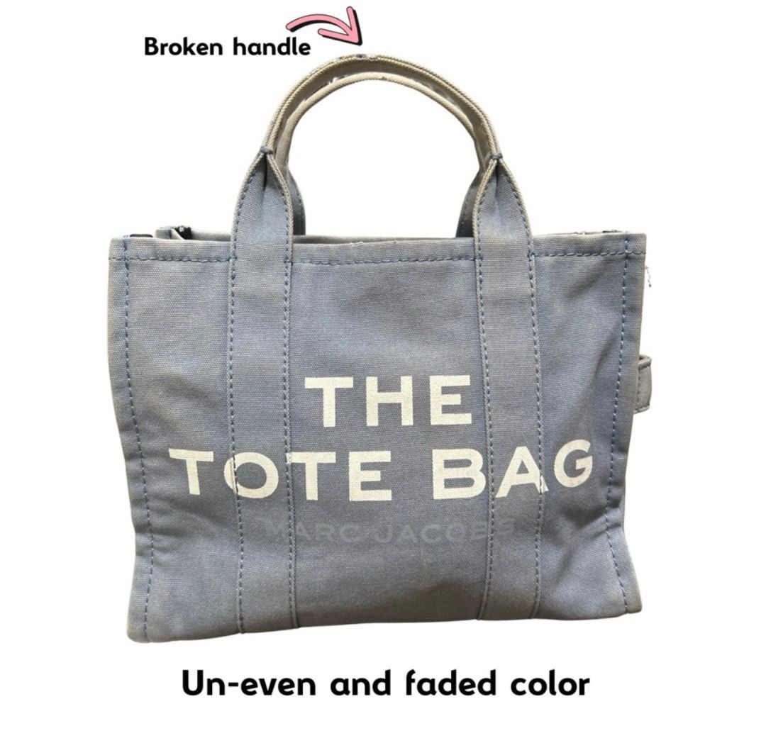 Marc Jacobs The Tote Bag Canvas (Category: Tote Bags) located in Digos. Submitted by tindahannimaria (Listing ID 1465268182, Image 3). Description: - Brand: Marc Jacobs - Color: Light Blue - Includes: Printed ribbon scarf tied on handle - Closure: Secure top zipper - Storage: Convenient interior pockets - Condition: Shows normal signs of use, including handle wear/fraying and uneven, faded fabric coloring - Size: Spacious enough for everyday esse