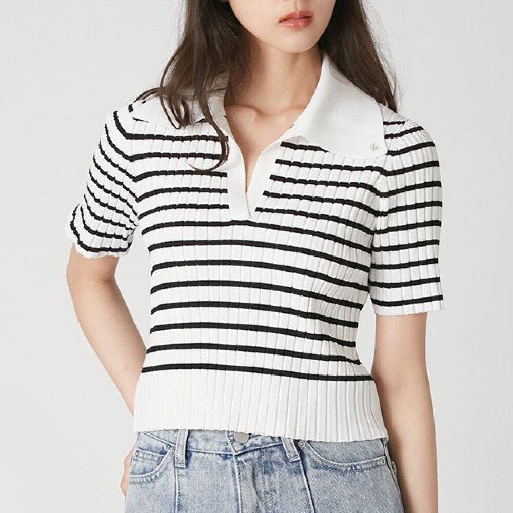Massimo Dutti Striped Knit Polo Shirt (Category: Tshirts & Polo Shirts ) located in Manila. Submitted by ktyyycloset (Listing ID 1465319235, Image 1). Description: - Brand: Massimo Dutti - Design: Black & white horizontal stripes with V-neck collar and short sleeves - Material: 100% cotton ribbed knit (Made in China) - Condition: Pre-loved with a couple of small brown stains near the neckline and upper back area - Perfect for smart-casual styling