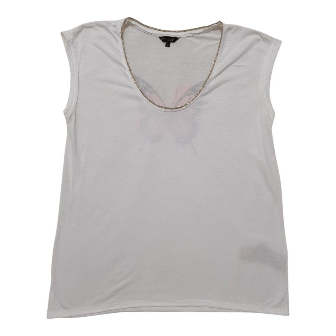Massimo Dutti White Sleeveless Butterfly Graphic Top (Category: Sleeveless) located in Santa Cruz. Submitted by oddpenguin-4575 (Listing ID 1465334427, Image 1). Description: 📌.....P L E A S E R E A D..... 📌measurement:Laid flat Sh-19"/Sleeve-__/Chest-18.5"/Lenght-25"/armhole-7"/armpit-__ 📌size: Large in Filipino/local sizing./L). 📌color-9/10 📌 Brand: Sandro Paris • Color: White with Pink/Black Back Graphic and Gold Neckline Accent • Size: T