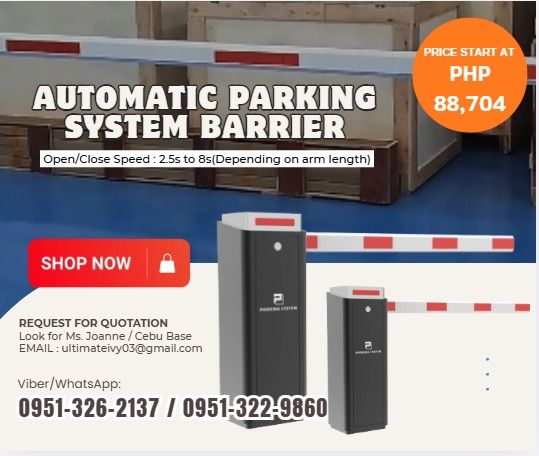 Max Boom Lenght : 6M Automatic Parking System Barrier (Category: Everything Else Others) located in Caloocan City. Submitted by joanna165_ocean (Listing ID 1465196878, Image 1). Description: Size : 365*290*1010.5mm Power Supply :DC24V Open/Close Speed : 2.5s to 8s(Depending on arm length) Working Temperature : -30°C~+70°C Rated Current : 8.58A Motor Power : 160W Motor No load Speed : 1850rpm Output Power : 56.8N.m Humidity : 90% Remote Control Di
