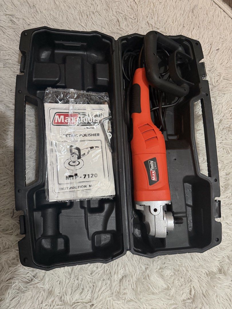 MaxTools MTP-7120 Electric Polisher Kit (Category: Construction Tools & Equipment) located in Manila. Submitted by iamtruekin00402 (Listing ID 1465352612, Image 2). Description: - Brand/Model: MaxTools MTP-7120 Electric Polisher - Purpose: Ideal for car detailing, buffing, and surface polishing - Complete Set: Includes handle, multiple polishing pads, wool bonnet, backing pads, and adapters - Storage: Comes with a sturdy, molded black hard carryi