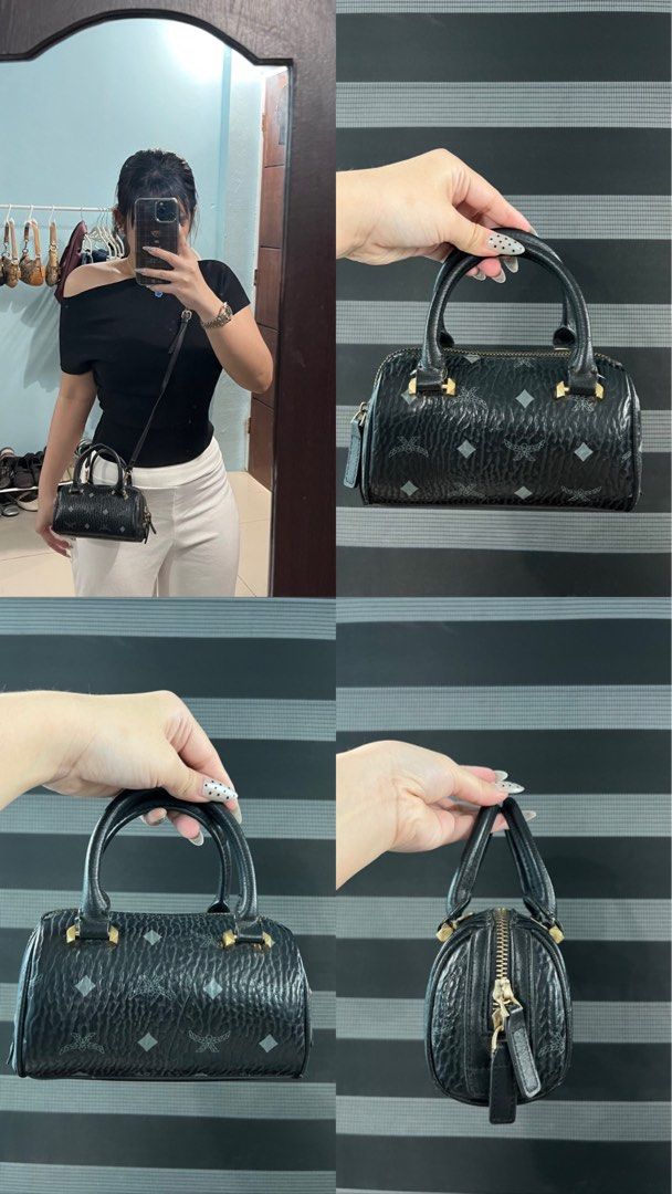 MCM Black Monogram Mini Boston Bag Crossbody (Category: Luxury Bags & Wallets) located in Angeles City. Submitted by camieday24 (Listing ID 1465285878, Image 1). Description: - INSP MCM Mini Boston Bag in classic black monogram print - Premium textured leather with polished gold-tone hardware - Zip-top closure for secure storage - Includes a detachable strap for crossbody or shoulder wear, plus top handles - Compact and lightweight, fits daily sm