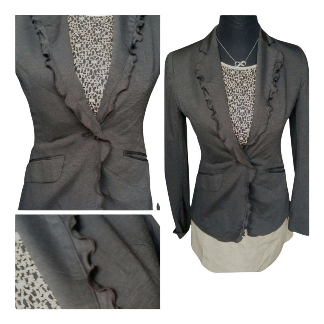 M.F Editorial Gray Textured Ruffled Blazer Jacket Small Single-Button (Category: Coats, Jackets and Outerwear) located in Bacoor. Submitted by aithriftcloset (Listing ID 1465232650, Image 2). Description: NOTE: ALL WERE ACTUAL PHOTOS Code: Plain but Cozy 👌🏆M.F Editorial Gray Textured Ruffled Blazer Jacket Small Single-Button ✨️Product Overview 🏷Brand: M.F Editorial 📐Size: Small (S) 🎨Color: Heather Gray 🧵Fabric: Premium polyester blend with 