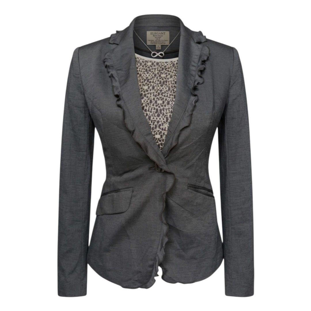 M.F Editorial Gray Textured Ruffled Blazer Jacket Small Single-Button (Category: Coats, Jackets and Outerwear) located in Bacoor. Submitted by aithriftcloset (Listing ID 1465232650, Image 1). Description: NOTE: ALL WERE ACTUAL PHOTOS Code: Plain but Cozy 👌🏆M.F Editorial Gray Textured Ruffled Blazer Jacket Small Single-Button ✨️Product Overview 🏷Brand: M.F Editorial 📐Size: Small (S) 🎨Color: Heather Gray 🧵Fabric: Premium polyester blend with 