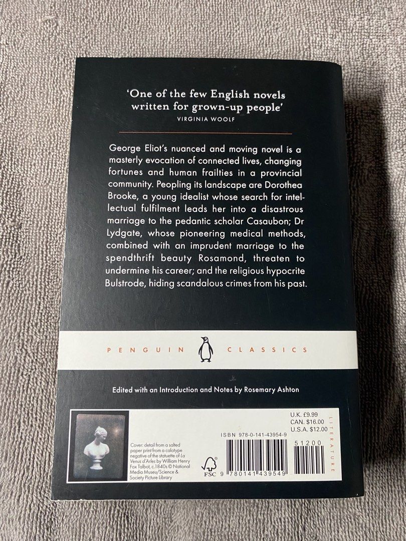 Middlemarch by George Eliot Penguin Classics Paperback (Category: Storybooks) located in Manila. Submitted by prince_seere (Listing ID 1465247505, Image 2). Description: - Title: Middlemarch by George Eliot - Edition: Penguin Classics paperback with iconic cover artwork - Condition: Clean copy, minimal shelf wear - Ideal for: Students and classic literature enthusiasts.