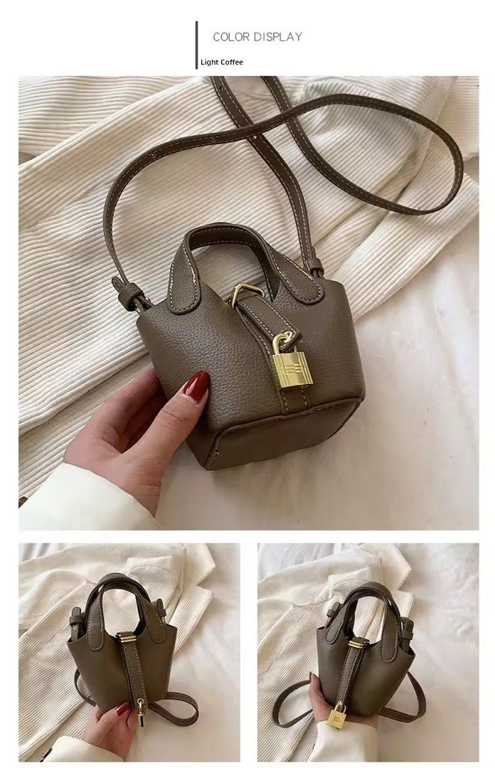 Mini Bucket Bag Pic0tin Elephant Gray (Category: Shoulder Bags) located in Orani. Submitted by dejaniuph (Listing ID 1465173168, Image 3). Description: - Color: Light coffee brown - Material: Premium pebble textured faux leather - Hardware: Elegant gold tone with a front decorative padlock - Versatile: Includes top handles and an adjustable crossbody strap - Design: Structured base that keeps the bag upright.