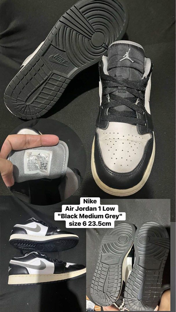 Nike Air Jordan 1 Low “Black Medium Grey” (Category: Sneakers) located in Manila. Submitted by kiyanna.preloved (Listing ID 1465367655, Image 1). Description: - Brand: Nike - Model: Air Jordan 1 Low "Black Medium Grey" - Size: US 6 / EU 37 / UK 4 / 23.5cm - Design: Classic low-top silhouette with black, white, and medium grey colorblocking - Condition: Well-maintained with clean soles and intact inner tags .