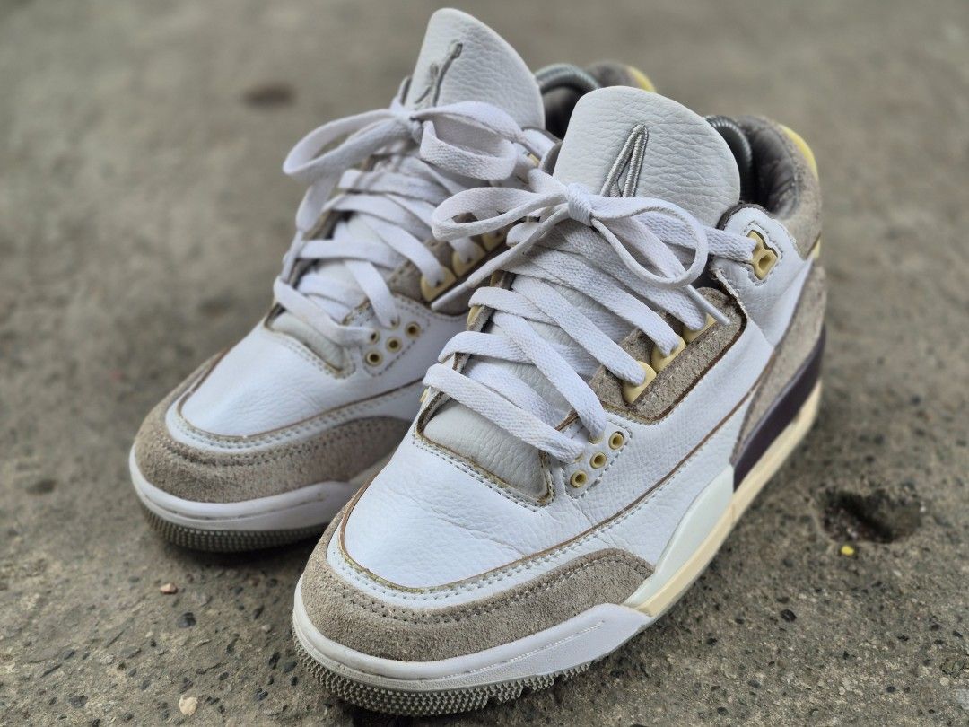 Nike Air Jordan 3 A Ma manier (Category: Sneakers) located in Manila. Submitted by kushoenero (Listing ID 1465301575, Image 3). Description: White tumbled leather upper with hairy grey suede overlays. Dark maroon heel panel and aged yellowing on the eyelets and midsole. Quilted grey inner lining. White laces threaded through yellowed grommets. Cushioned sole unit with visible Air unit in the heel. Clean shape overall..