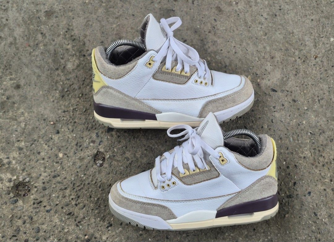 Nike Air Jordan 3 A Ma manier (Category: Sneakers) located in Manila. Submitted by kushoenero (Listing ID 1465301575, Image 2). Description: White tumbled leather upper with hairy grey suede overlays. Dark maroon heel panel and aged yellowing on the eyelets and midsole. Quilted grey inner lining. White laces threaded through yellowed grommets. Cushioned sole unit with visible Air unit in the heel. Clean shape overall..