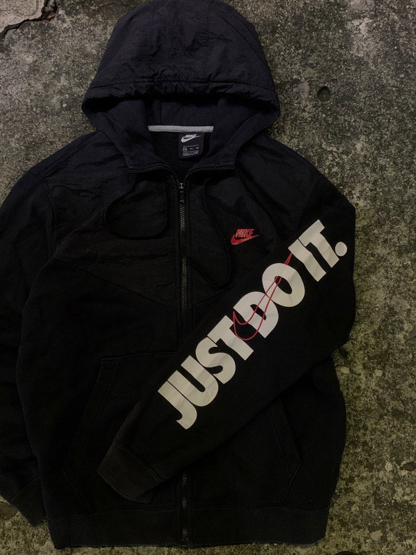 Nike Just Do It Full Zip Hoodie Black (Category: Hoodies) located in Manila. Submitted by loyspalencia (Listing ID 1465263532, Image 2). Description: - Black Nike hoodie - 'Just Do It' graphic on sleeve - Full zip closure - Convenient pockets - Comfortable and stylish for everyday wear - Ideal for Nike enthusiasts - Dimes: W-24 / L- 26 / Sleeve- 25 - Size: XXL Youth Size - Execellent Condition.