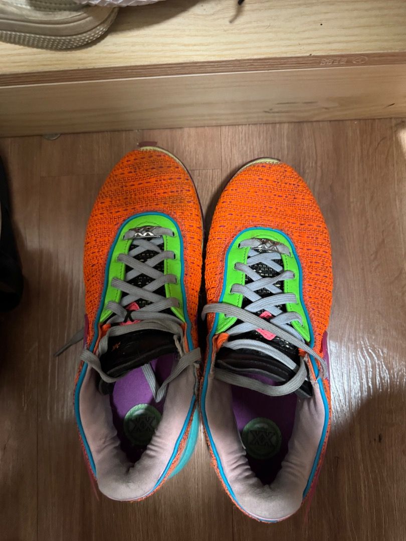 Nike LeBron 20 Orange (Category: Sneakers) located in Pasig City. Submitted by wwwww567 (Listing ID 1465374480, Image 1). Description: - Model: Nike LeBron XX "Time Machine" - Size: US 9.5 / UK 8.5 / EUR 43 - Colorway: Bright orange knit upper, green trim, purple insoles, and multi-color outsole - Features: Classic XX branding inside and top-tier on-court performance - Perfect for ballers looking for high-performance kicks at a fraction of the pr