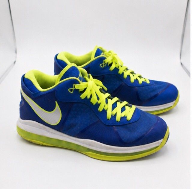 Nike LeBron 8 Sprite Size 11 (Category: Sneakers) located in Batangas. Submitted by curatedluxxe88 (Listing ID 1465344418, Image 1). Description: Nike LeBron 8 low "Sprite" basketball shoes in blue and volt green. Bright yellow laces and matching inner lining. White midsole with visible cushioning unit. Signature LeBron logo on the tongue and heel pull. Rubber outsole with herringbone traction pattern. Size US 11, UK 10, EUR 45. Style code DN1581