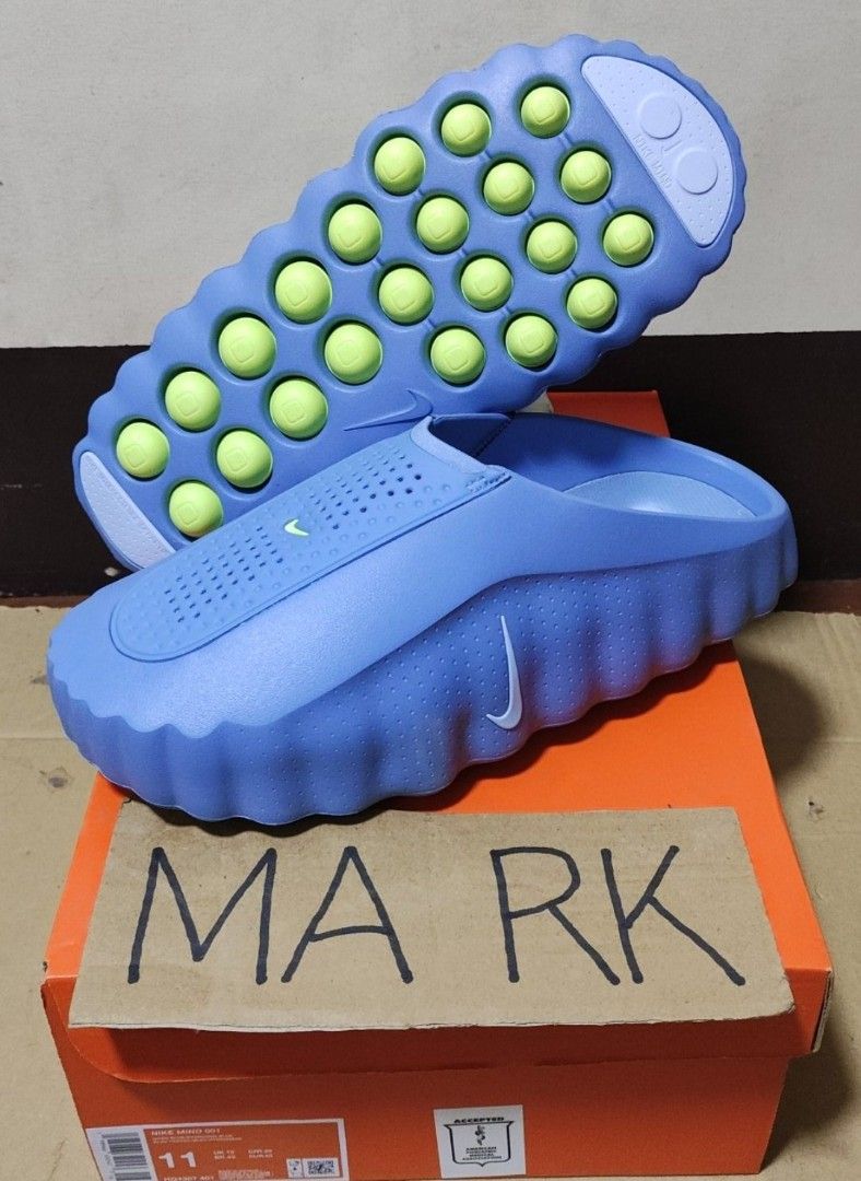 Nike Mind 001 Slides Mules Size 11 (Category: Slippers & Slides) located in Manila. Submitted by 25markiboy (Listing ID 1465195952, Image 1). Description: - Brand/Model: Nike Mind 001 slip-on mules - Colorway: Light blue with striking bright yellow bubble pods - Size: Men's US 11 - Features: Unique textured design with subtle mini swoosh branding on the side and toe - Packaging: Comes with the original orange shoebox - Condition: Fresh and ready 