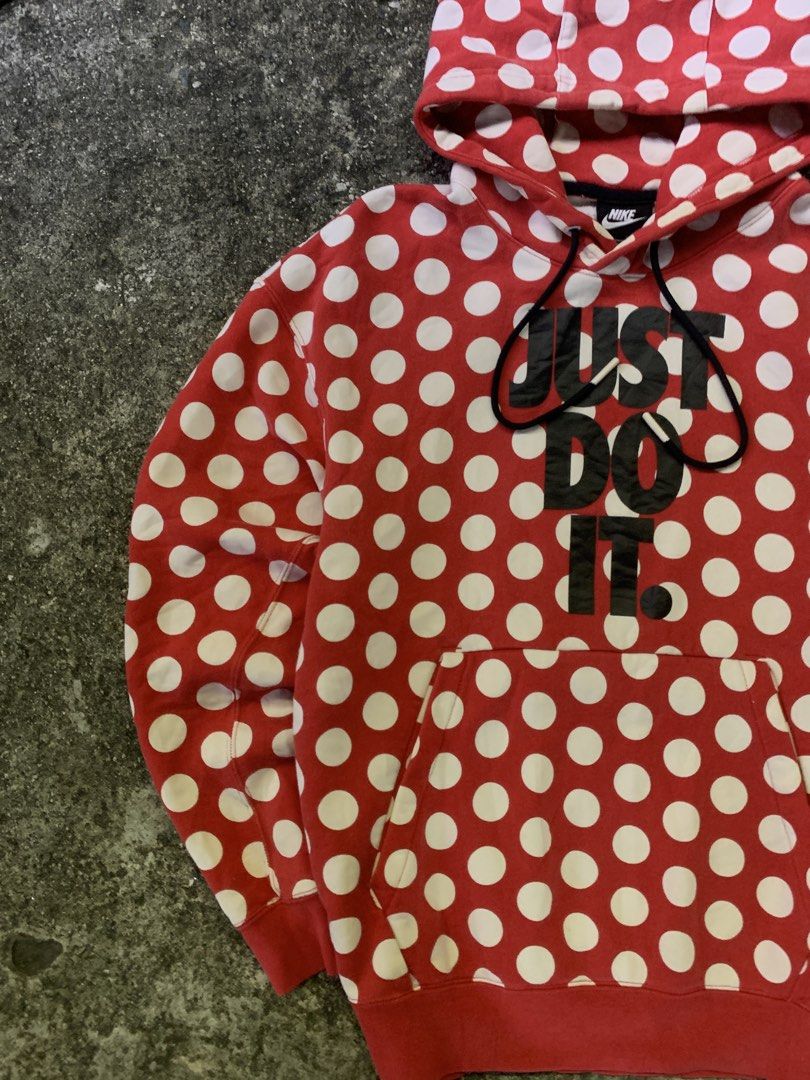 Nike Red Polka Dot Hoodie "Just Do It" (Category: Hoodies) located in Manila. Submitted by loyspalencia (Listing ID 1465263112, Image 2). Description: - Cool red hoodie with white polka dots - Features black 'Just Do It' graphic - Front pocket and drawstring hood - Perfect for casual wear - Dimes: W-22 / L-25 / Sleeve-19 - Size: Meduim - Execellent Condition .