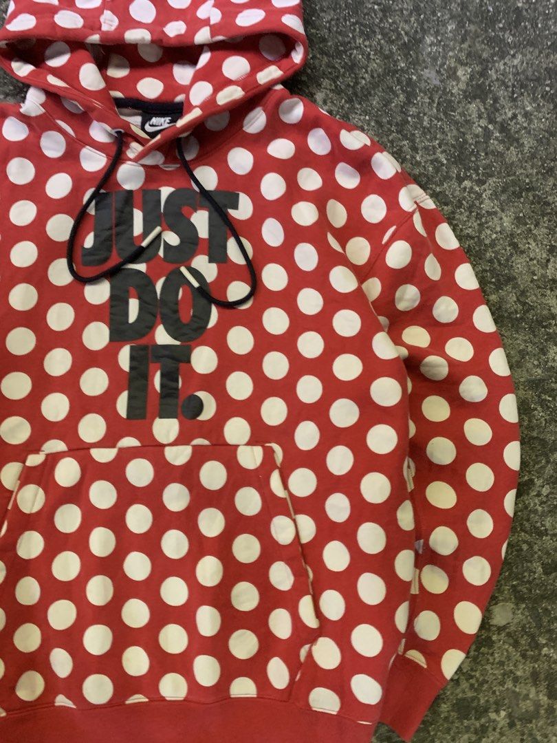 Nike Red Polka Dot Hoodie "Just Do It" (Category: Hoodies) located in Manila. Submitted by loyspalencia (Listing ID 1465263112, Image 3). Description: - Cool red hoodie with white polka dots - Features black 'Just Do It' graphic - Front pocket and drawstring hood - Perfect for casual wear - Dimes: W-22 / L-25 / Sleeve-19 - Size: Meduim - Execellent Condition .