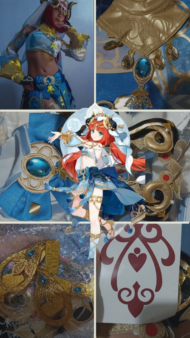 Nilou Genshin Impact Full Set With Wig (Category: Sets or Coordinates) located in Manila. Submitted by shaneicawat (Listing ID 1465306273, Image 1). Description: - Full Nilou cosplay set (Genshin Impact) - Includes top, skirt, gold collar, jewelry, horns, veil, and body decals - Blue and gold fabric accented with faux gems - Worn only once for a photoshoot, stored neatly - Complete set with all pictured accessories.