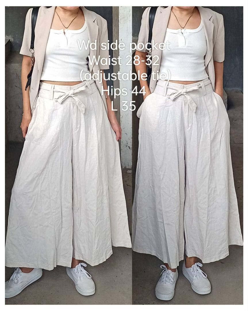 Oat Linen highwaist wide squarepants (Category: Other Bottoms) located in Davao. Submitted by irisrazona16792 (Listing ID 1465218178, Image 1). Description: Wd side pocket Waist 28-32 (adjustable tie) Hips 44 L 35 Mall quality.