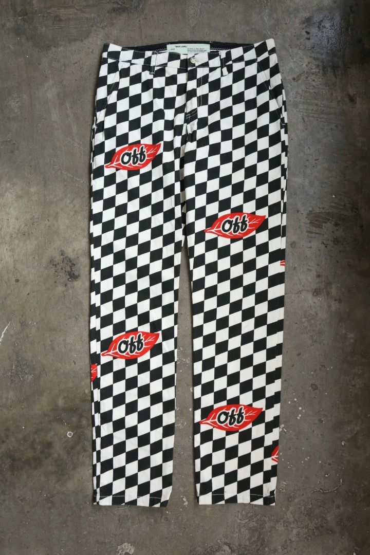 Off-White - F/W 17 - Falling Leaf Check Pants (Category: Trousers) located in Manila. Submitted by graymatter_ (Listing ID 1465259619, Image 2). Description: Off-White - F/W 17 - Falling Leaf Check Pants Tagged Size: 32 Condition: 9/10 Flaws: Cut “Made in” Tag Material: 97% Cotton, 3% Elastane Zipper: YKK Dimensions Waist: 34 Inseam: 33 Crotch: 12 Thigh: 11.5 Leg Opening: 7 .